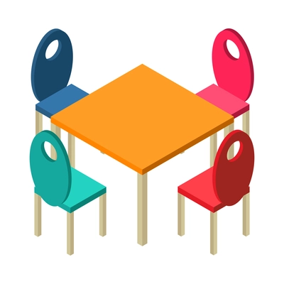 Kindergarten interior isometric icon with dinner table and colorful chairs 3d vector illustration