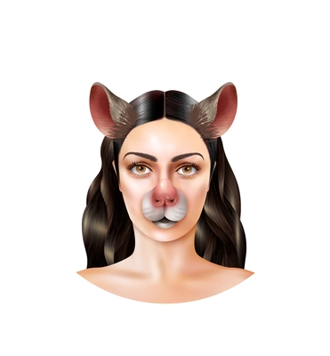 Female face with mouse animal mask video photo app effect realistic vector illustration