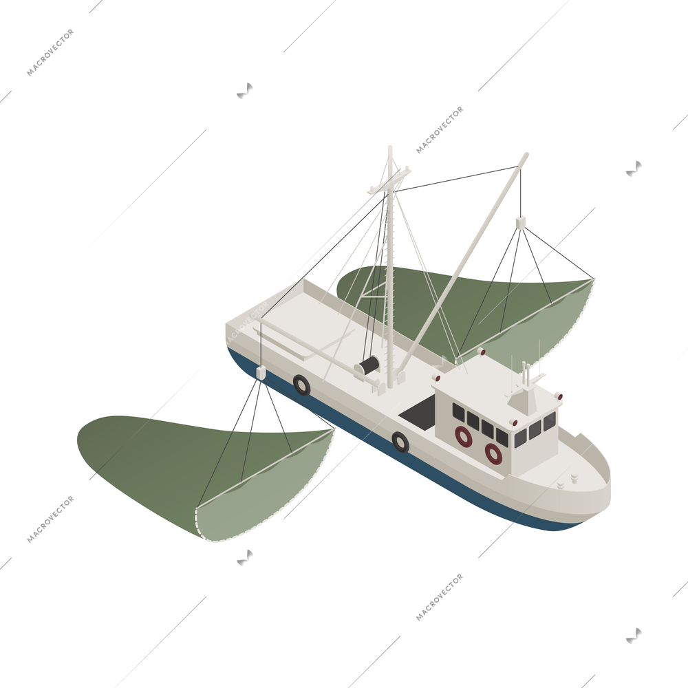 Isometric fishing vessel with nets icon vector illustration