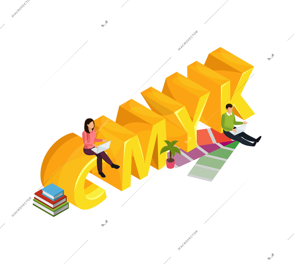 Advertising agency cmyk colors isometric icon with people working on laptop vector illustration