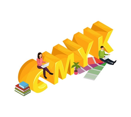 Advertising agency cmyk colors isometric icon with people working on laptop vector illustration