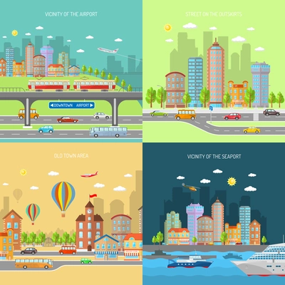 City transport design concept set with urban and suburban house buildings flat icons isolated vector illustration