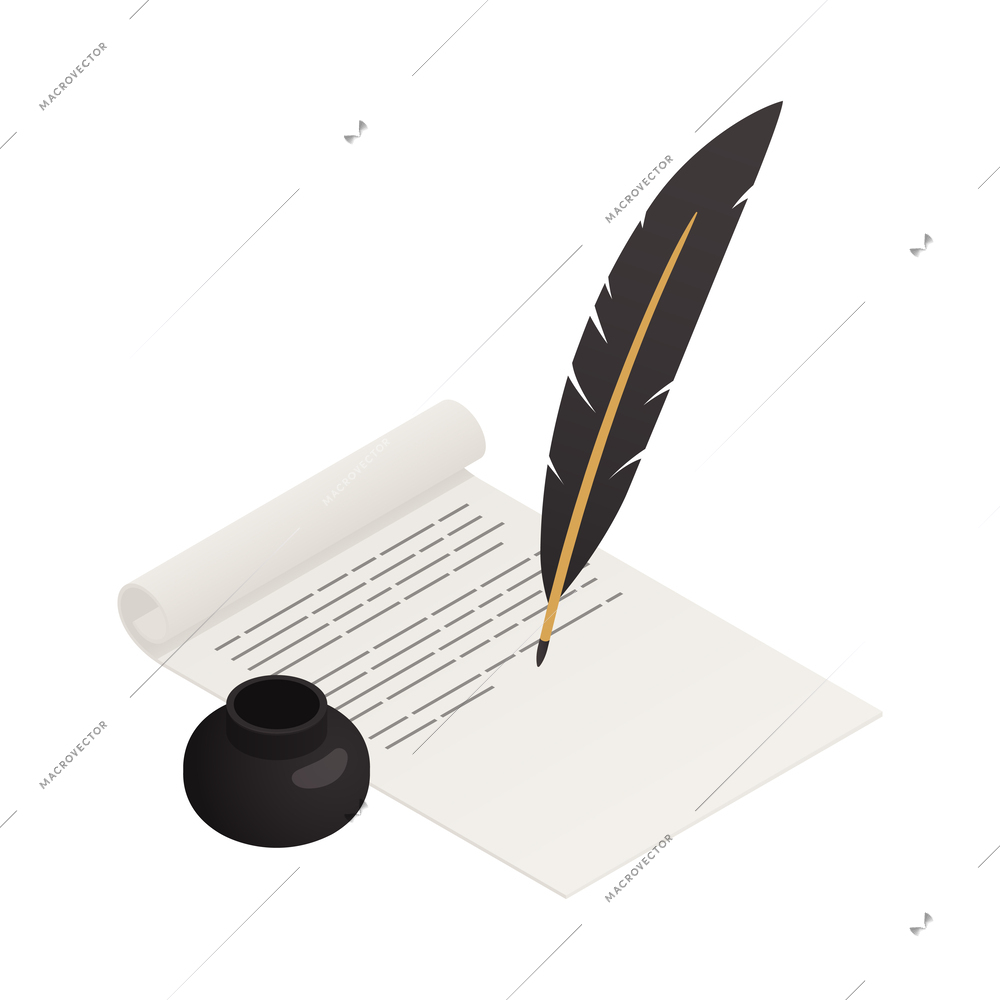 Inkwell and feather writing with black ink on paper isometric icon vector illustration