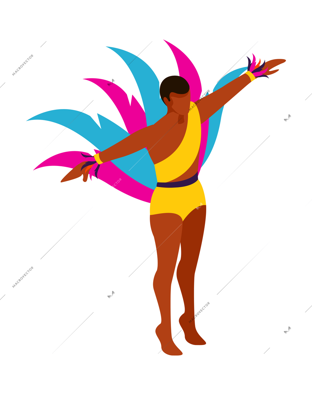 Brazilian carnival male performer with colorful feathers on costume 3d isometric vector illustration