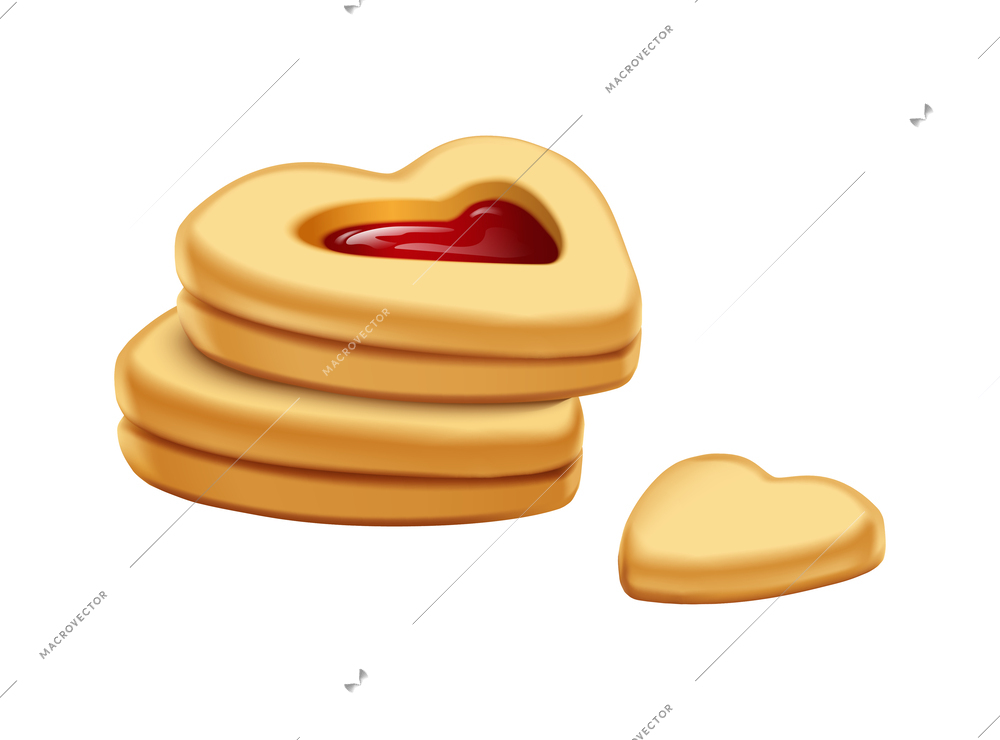 Realistic heart shaped biscuits with berry jam filling vector illustration