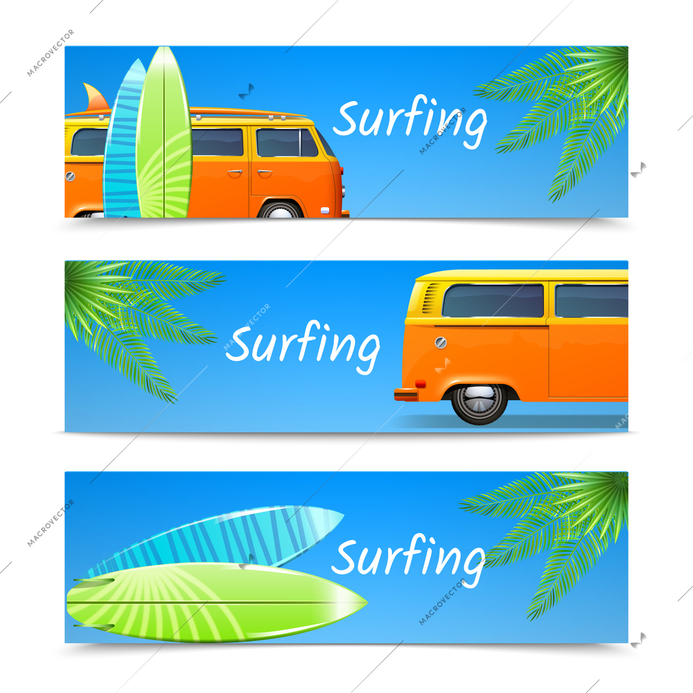 Surfing banners horizontal set with retro bus boards and palm leaves isolated vector illustration