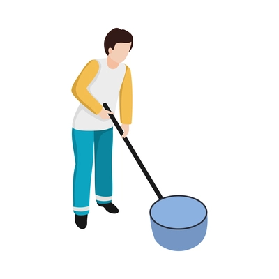 Female swimming pool cleaner with net isometric icon vector illustration