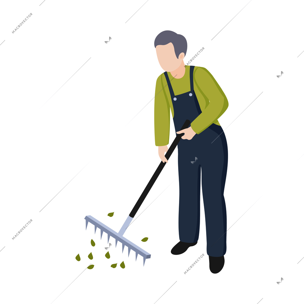 Male street cleaner raking leaves isometric icon vector illustration