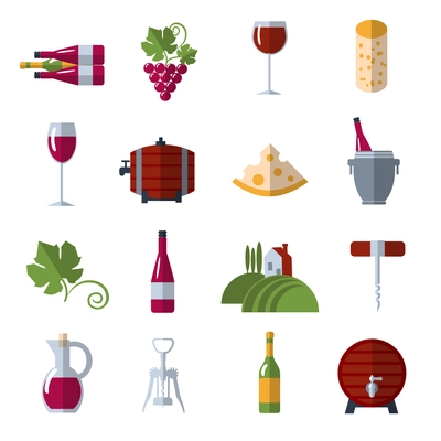 Wine growing production and consumption flat icons set with warehouse barrels and grape abstract vector isolated illustration