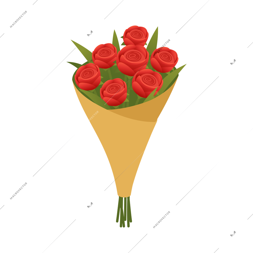 Bunch of red roses wrapped in paper isometric icon vector illustration