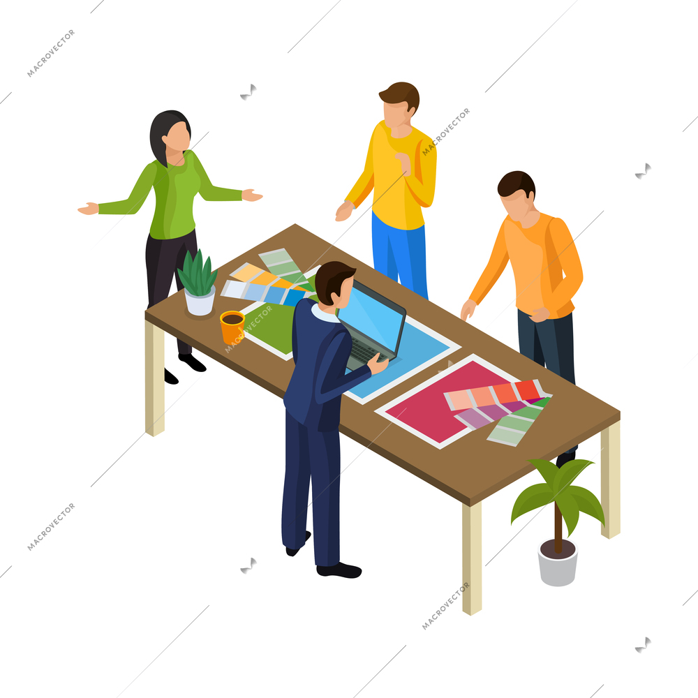 Advertising agency workers meeting discussion collaboration isometric icon vector illustration