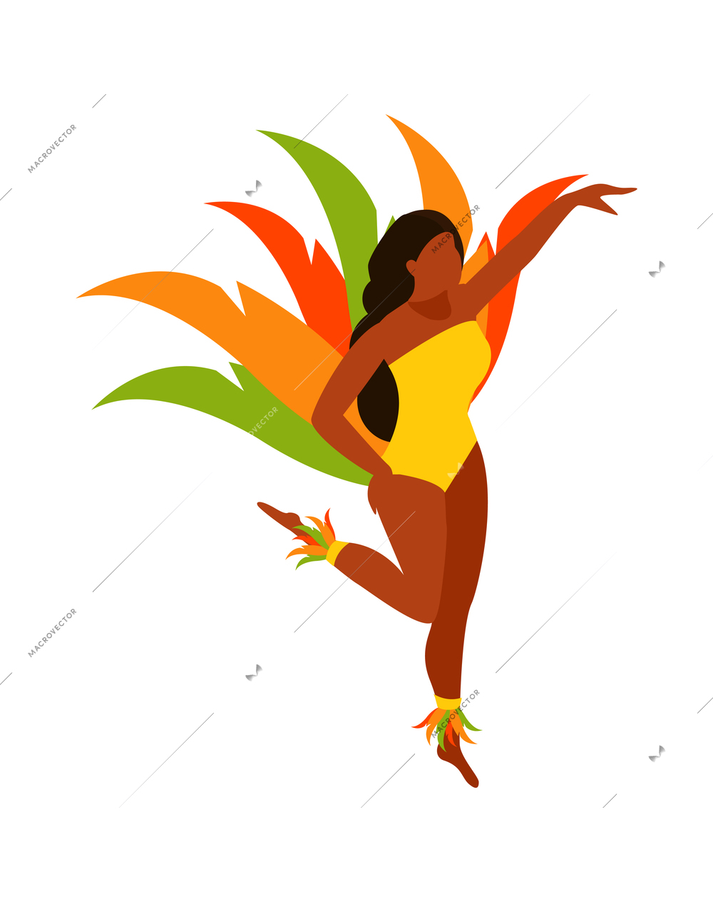 Brazilian carnival female performer wearing colorful feathers isometric vector illustration