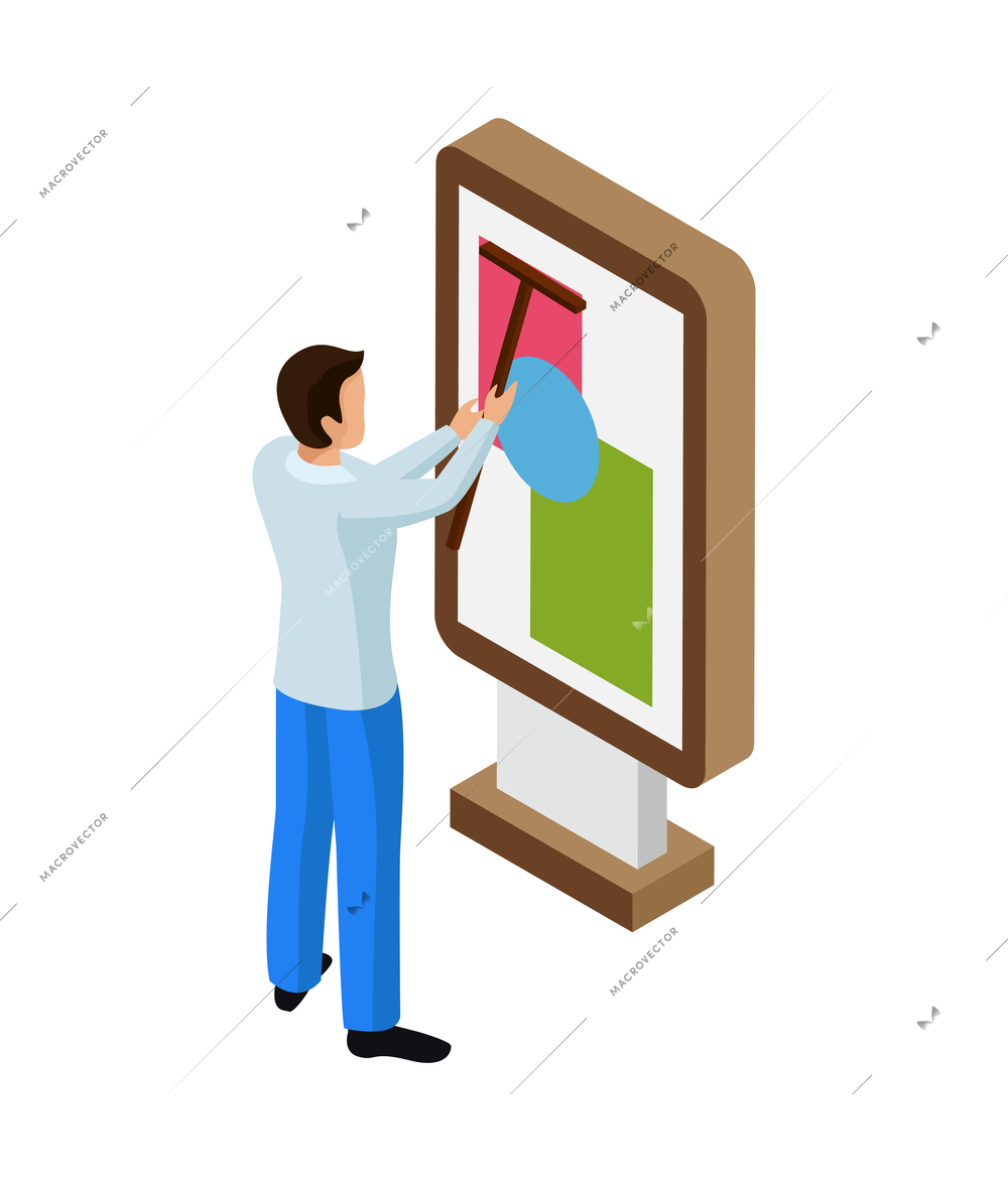 Advertising agency isometric icon with worker installing advertisement poster vector illustration