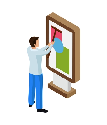 Advertising agency isometric icon with worker installing advertisement poster vector illustration