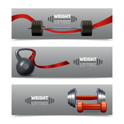 Sport banner horizontal set with weight lifting equipment isolated vector illustration