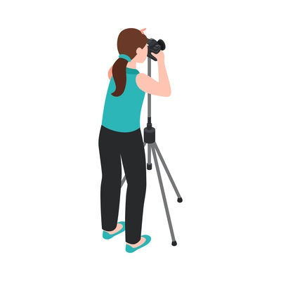 Professional female photographer with camera on tripod isometric icon 3d vector illustration