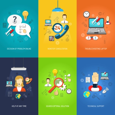 Nonstop computer technical support and troubleshooting mini poster set multicolored isolated vector illustration