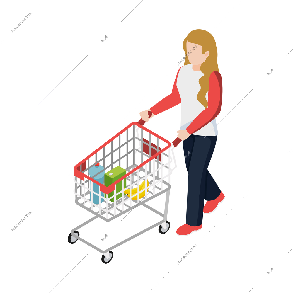 Supermarket isometric icon with woman with shopping cart vector illustration