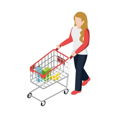 Supermarket isometric icon with woman with shopping cart vector illustration