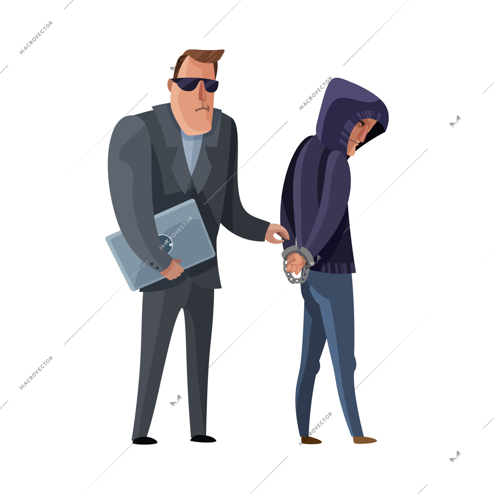 Internet security flat concept with hacker being arrested vector illustration