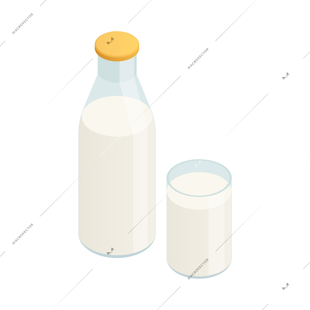 Bottle and glass of milk isometric icon vector illustration