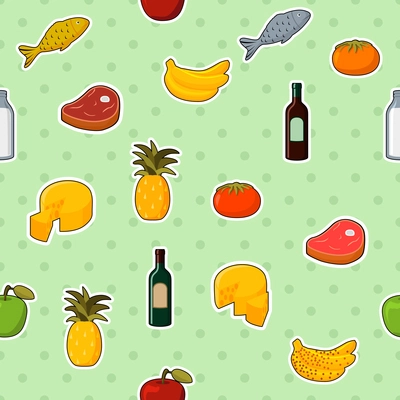 Supermarket foods seamless pattern of fresh and natural vegetables fruits meat and cheese vector illustration