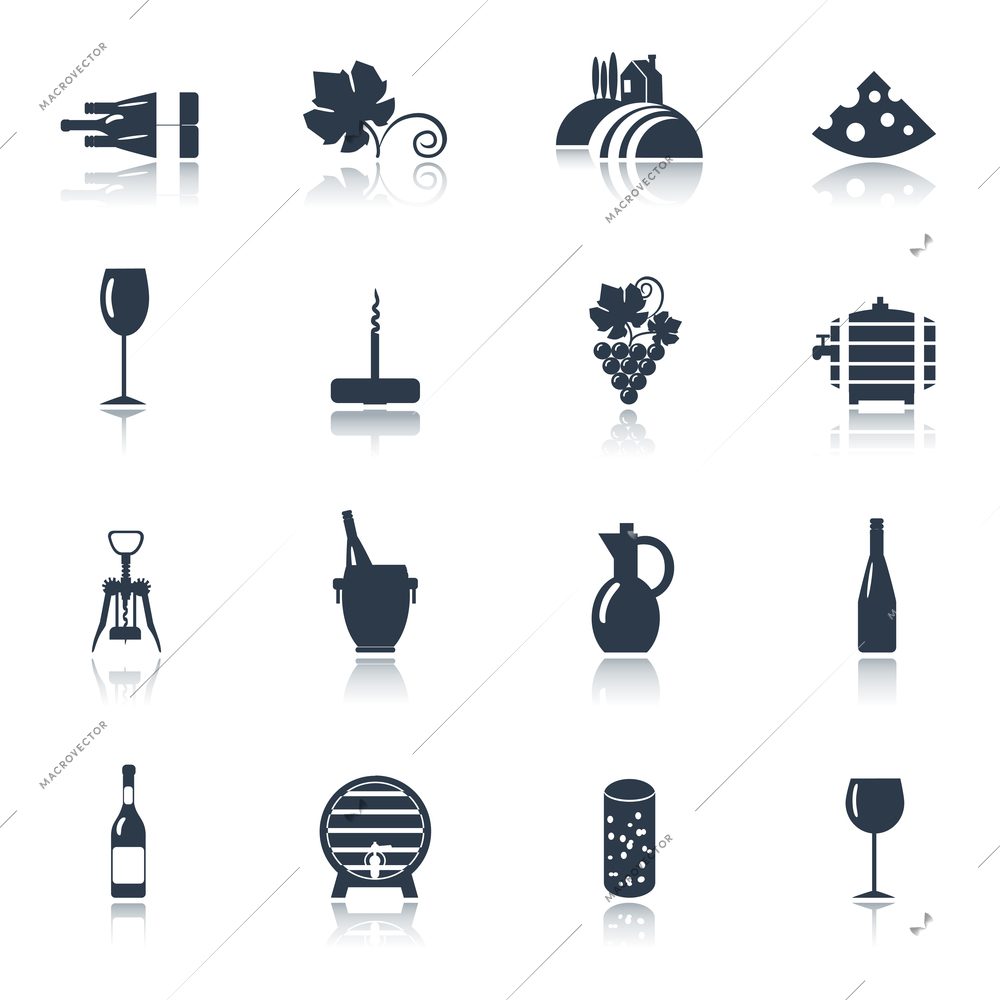 Winery farm production for restaurant wine consumption with cheese chasers black icons set abstract vector isolated illustration