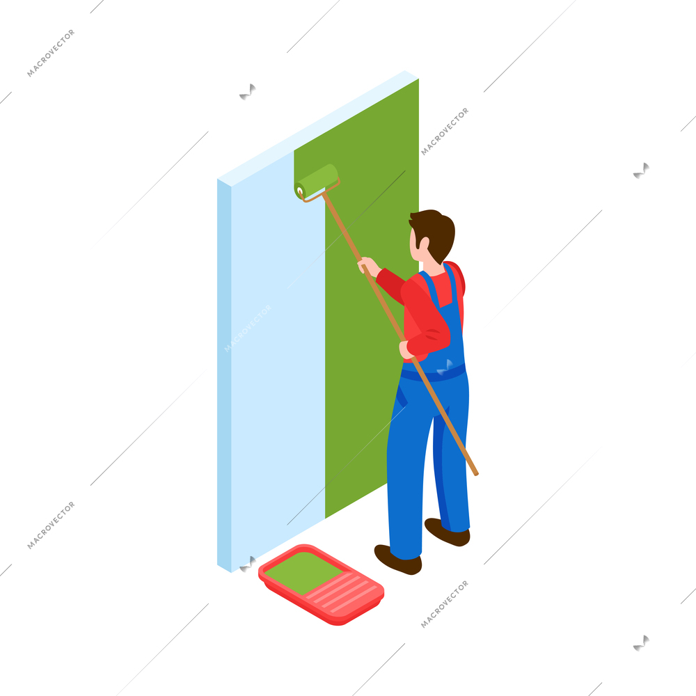 Home repair icon with worker painting wall isometric vector illustration