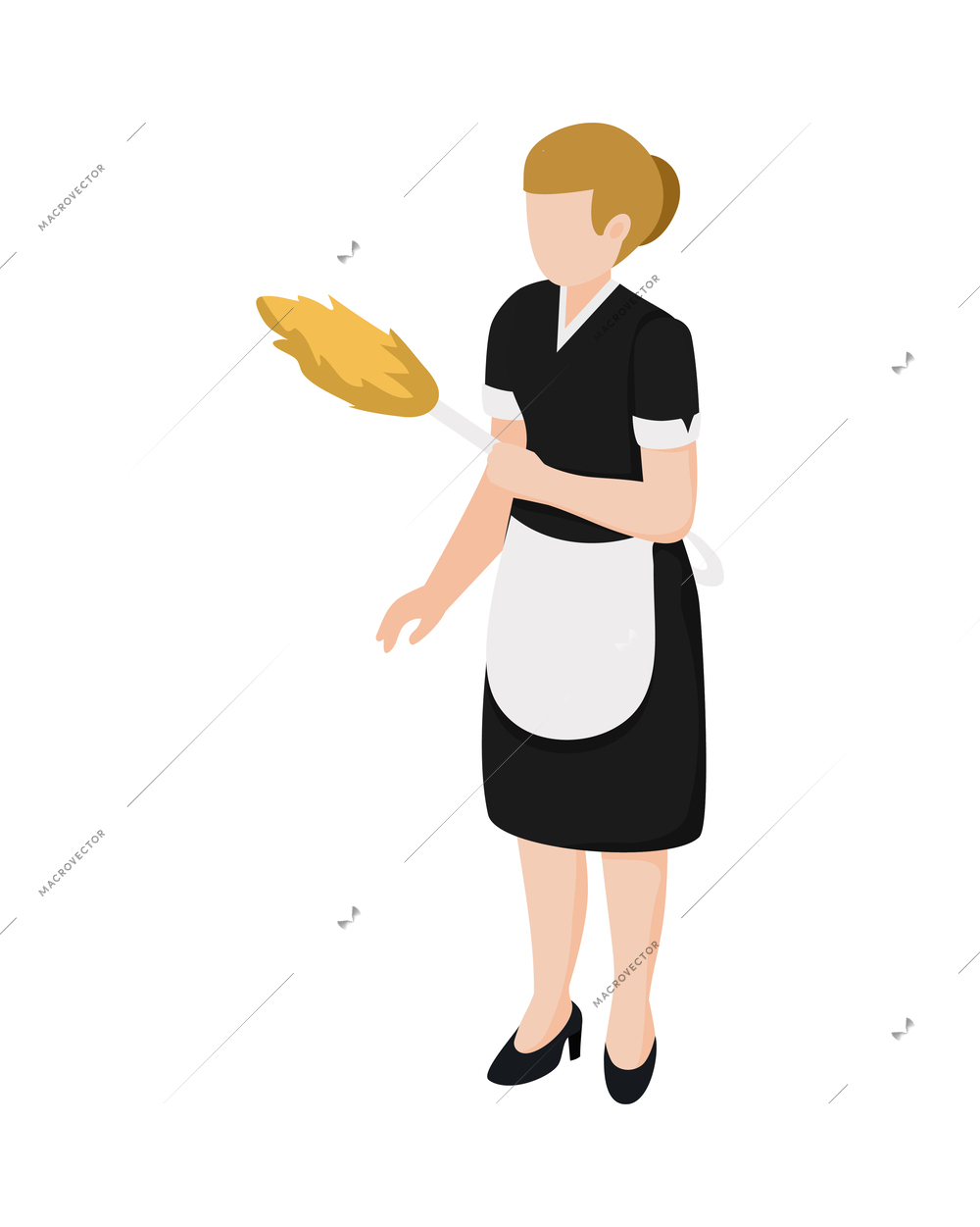 Isometric housemaid character in uniform with duster vector illustration