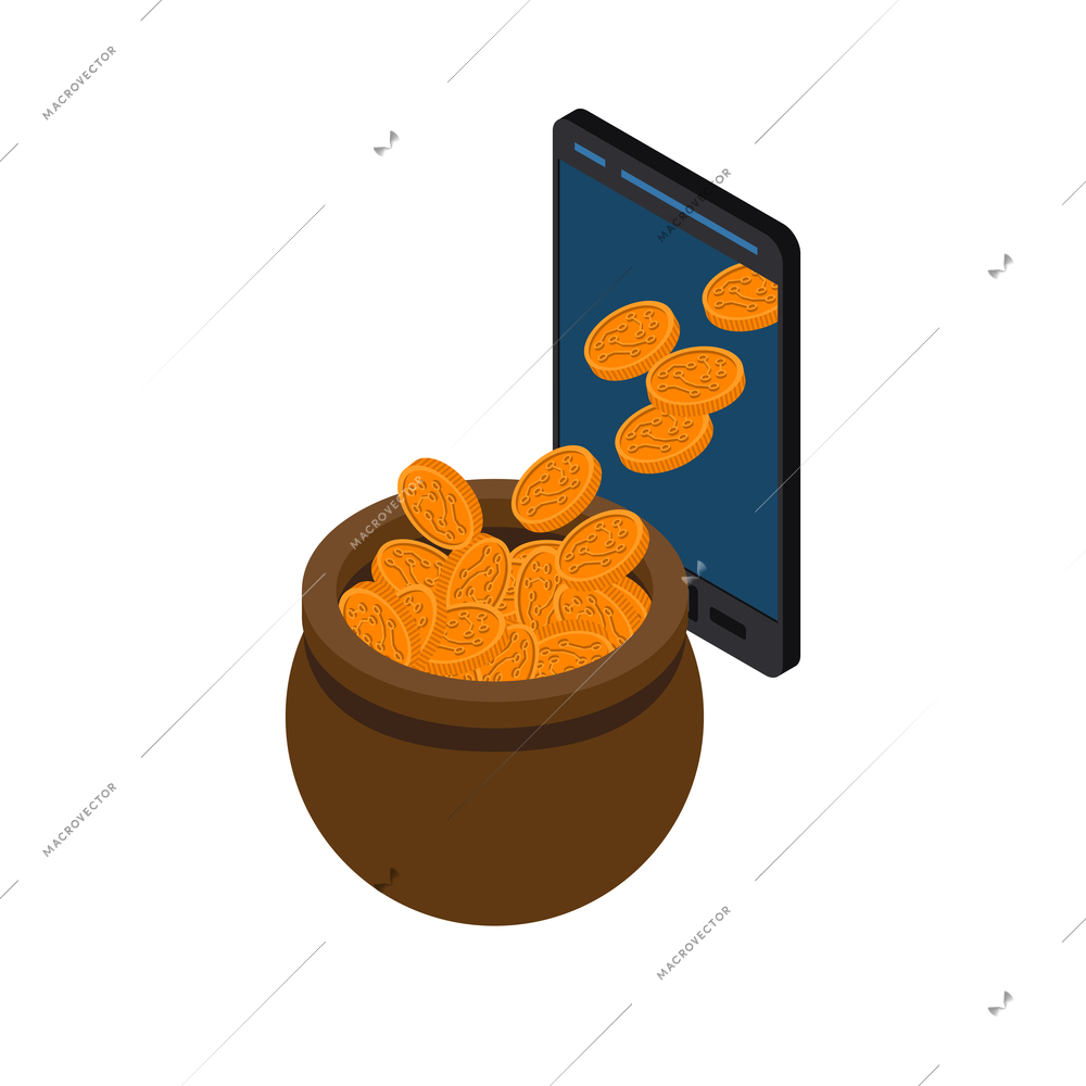 Financial technology cryptocurrency account isometric icon with coins pouring out of smartphone screen vector illustration