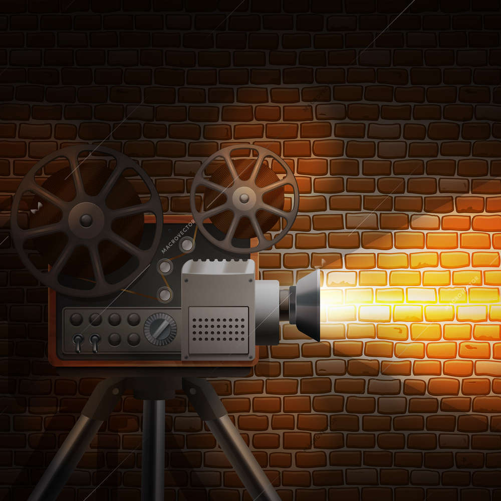 Retro film wallpaper with realistic projector and spotlight on brick wall background vector illustration