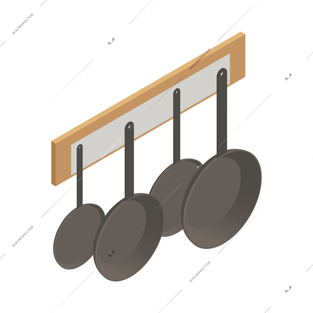 Hanging frying pans kitchen interior isometric icon vector illustration