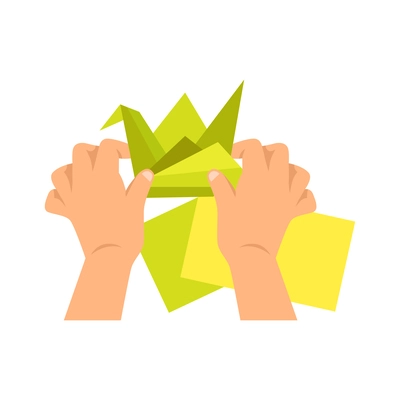 Creative kid hands making origami top view flat vector illustration