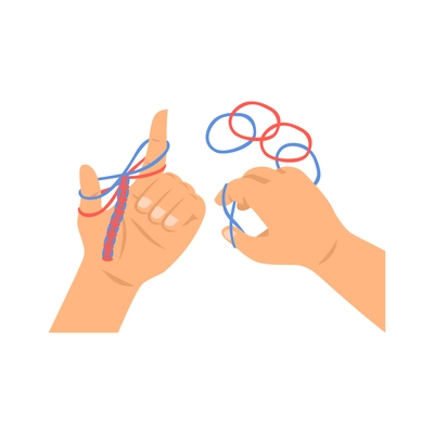 Creative kid hands braiding braceletes from rubber rings top view flat vector illustration