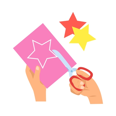 Creative kid hands cutting stars out of paper top view flat vector illustration