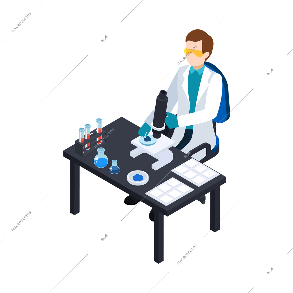 Cryonics cryogenics transplantation isometric icon with scientist doing research in laboratory vector illustration