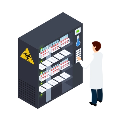 Cryonics cryogenics transplantation isometric icon with worker in laboratory vector illustration