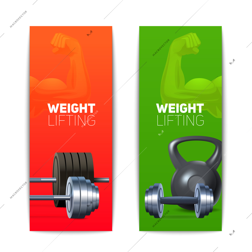 Sports banners vertical set with realistic weight lifting equipment isolated vector illustration