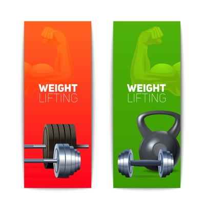 Sports banners vertical set with realistic weight lifting equipment isolated vector illustration