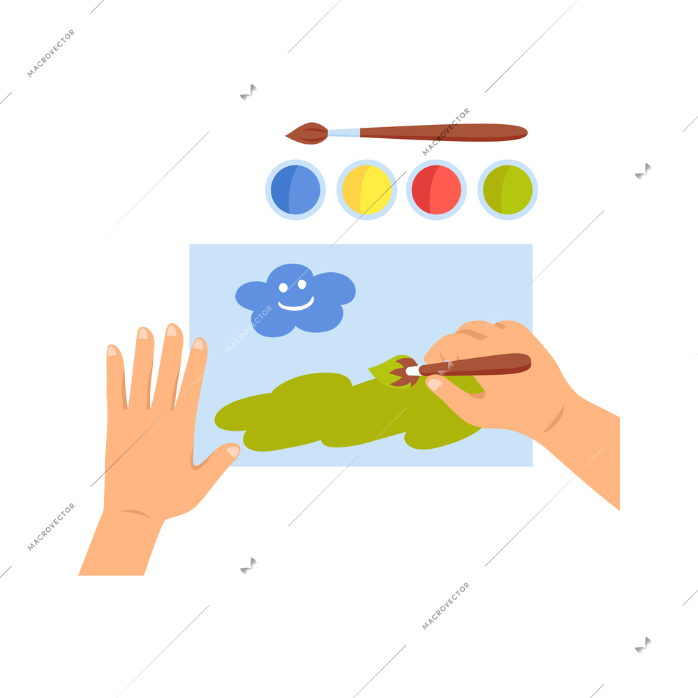 Creative kid hands painting top view flat vector illustration