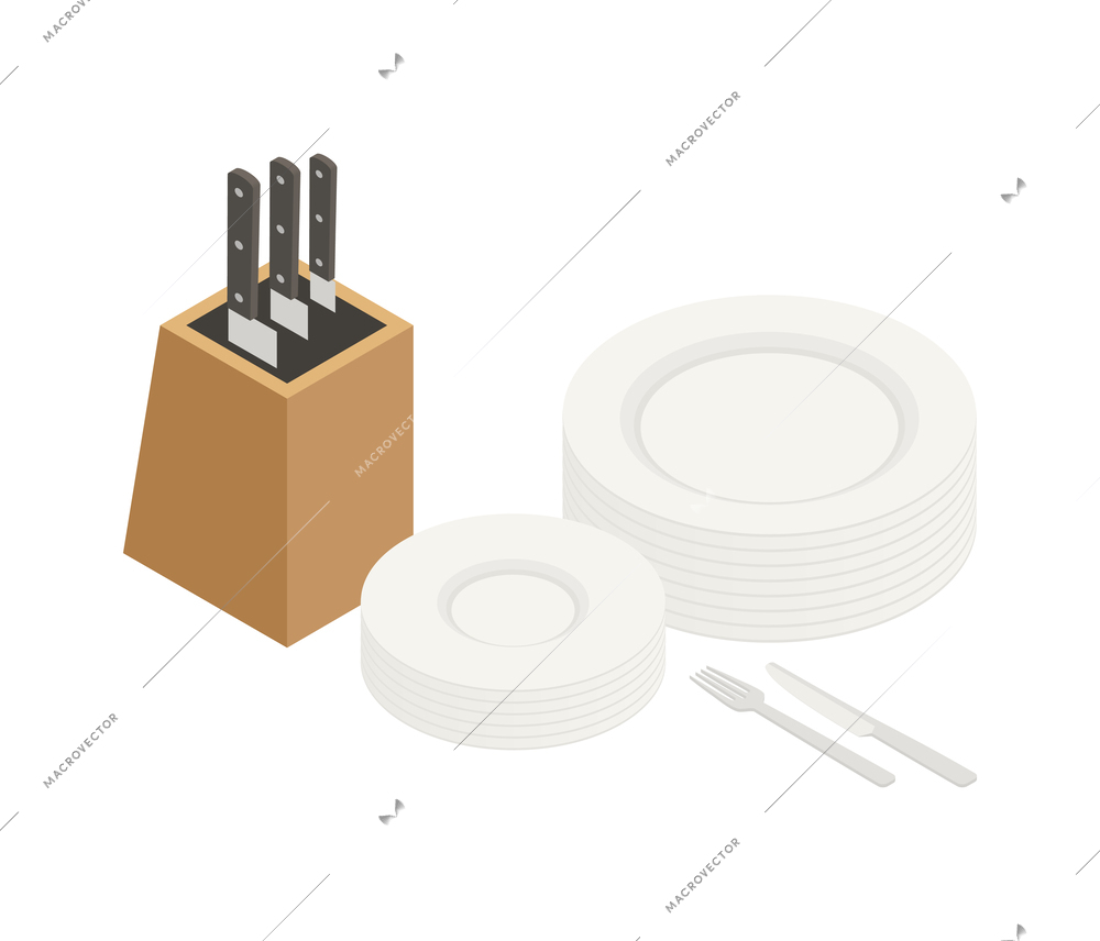 Isometric kitchen interior icon with white plates fork knives in holder 3d icon vector illustration