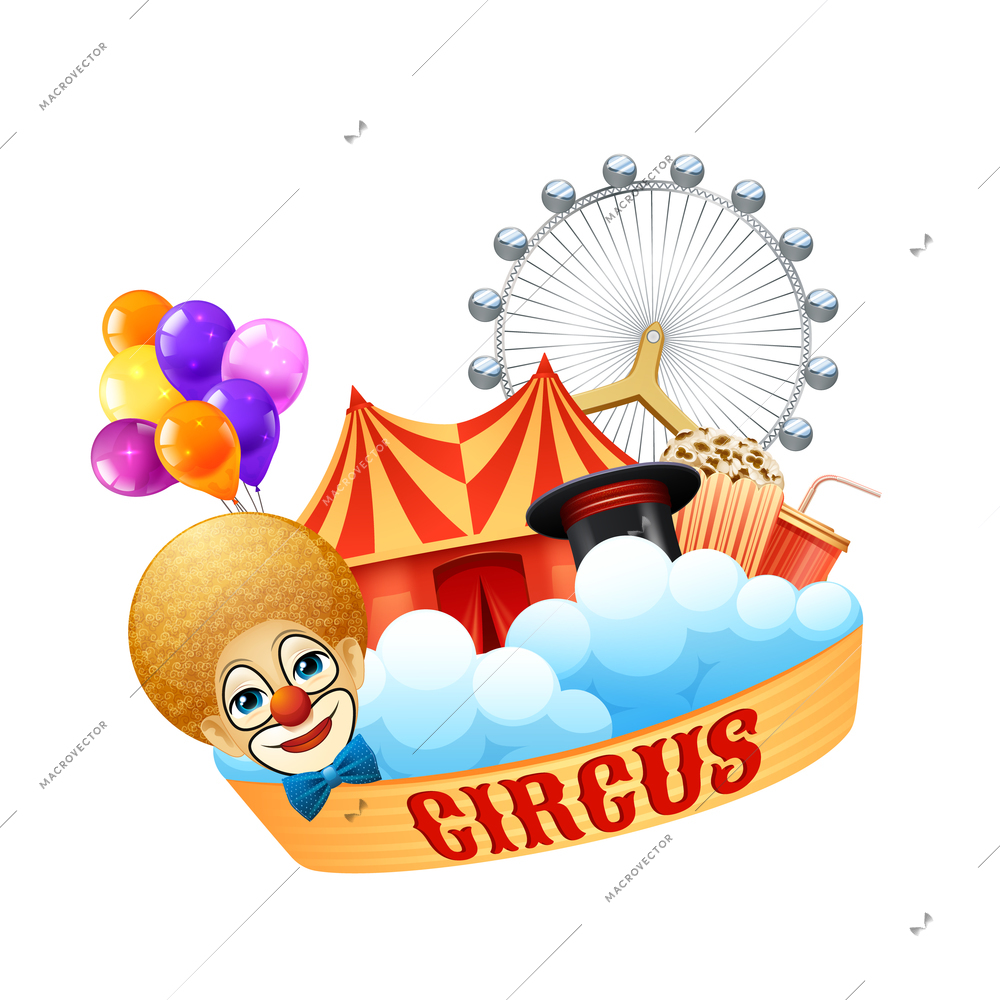 Colorful circus concept with clown balloons magic hat arena Ferris wheel popcorn and cream soda vector illustration