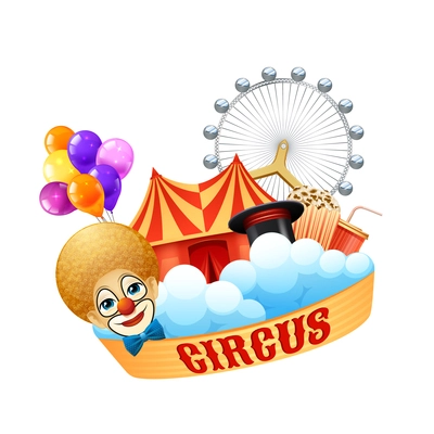 Colorful circus concept with clown balloons magic hat arena Ferris wheel popcorn and cream soda vector illustration