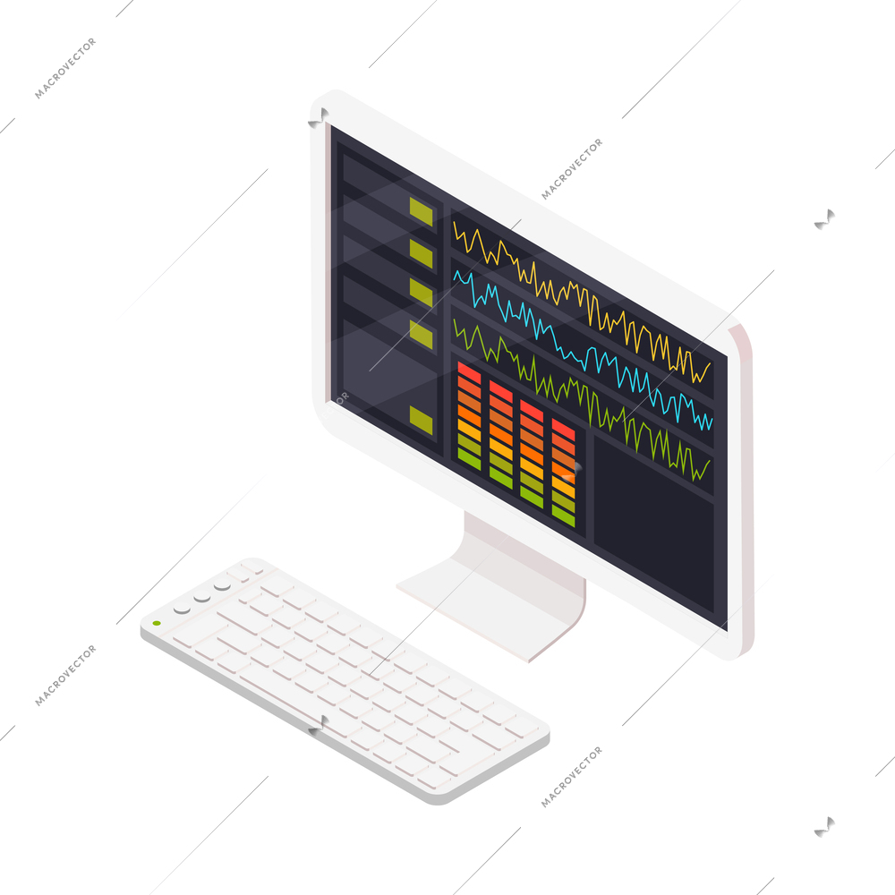 Computer monitor of sound producer for professional music recording studio 3d isometric icon vector illustration