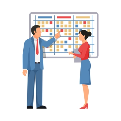 Business time management flat concept with two workers planning their schedule in office vector illustration