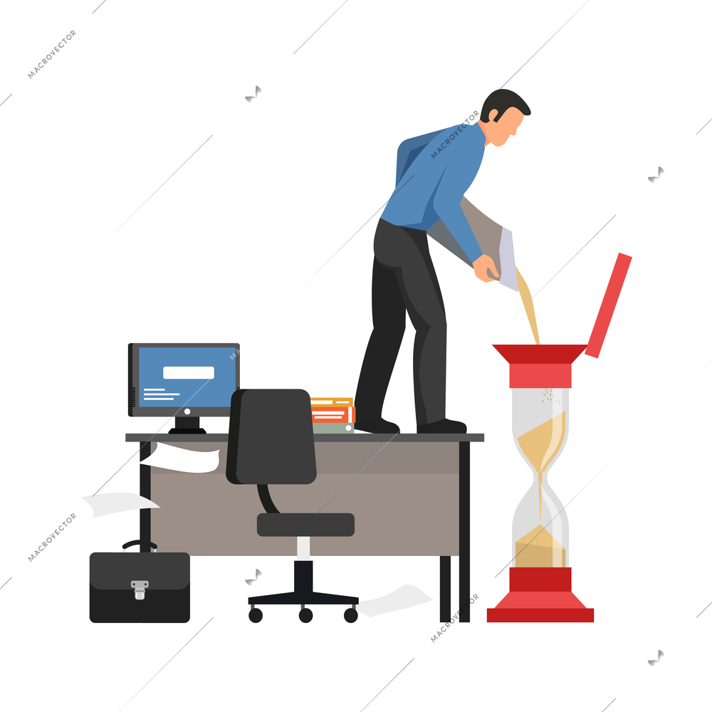 Business time management flat concept with man filling hourglass with sand in office vector illustration