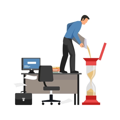 Business time management flat concept with man filling hourglass with sand in office vector illustration