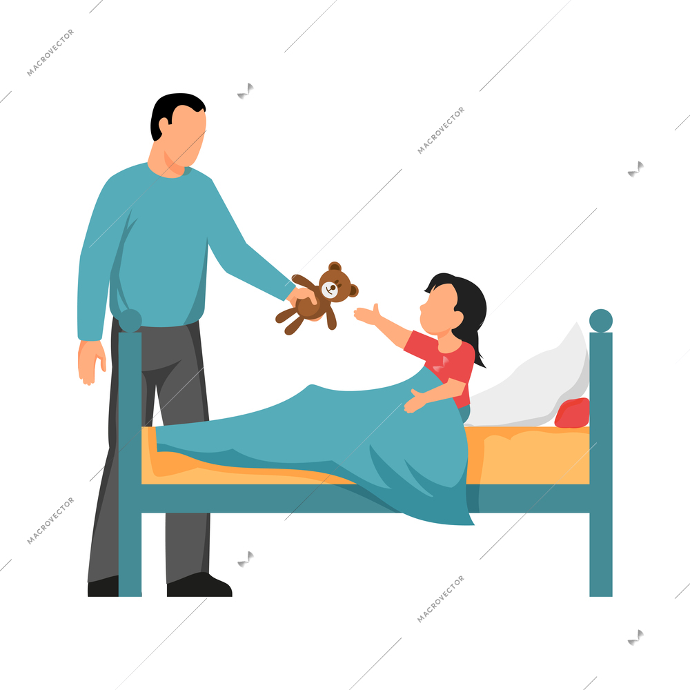Father saying good night to little daughter and giving her teddy bear flat vector illustration