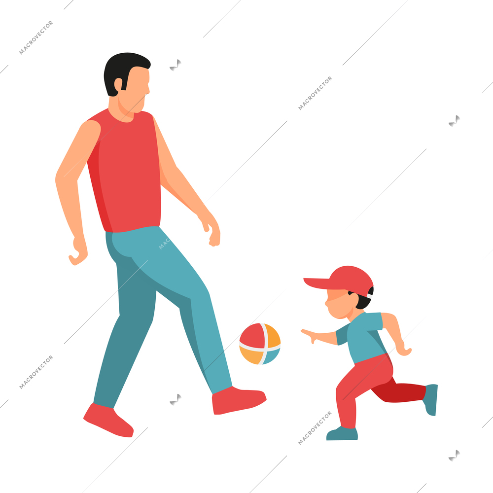 Father playing football with his son flat vector illustration