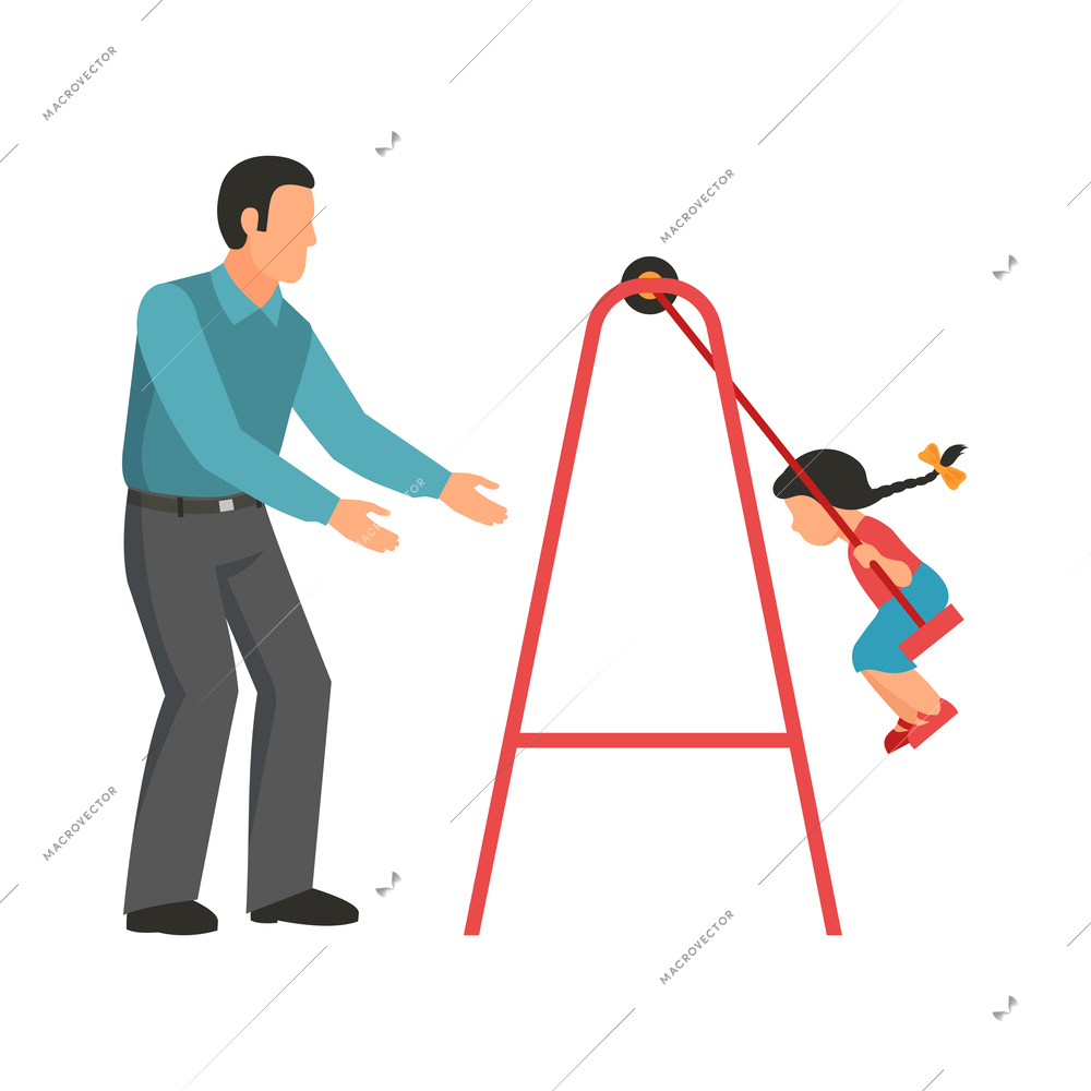 Father swinging little daughter on swing flat vector illustration
